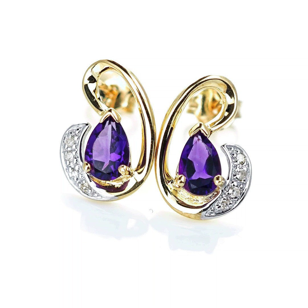 9ct Amethyst Diamond Earrings Gold Studs Natural Purple Gemstones 0.75ct