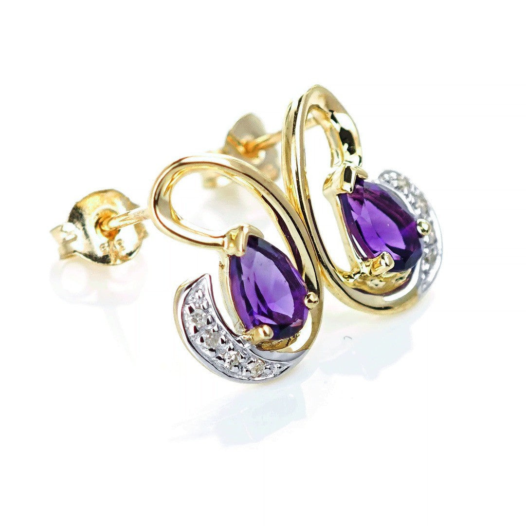 9ct Amethyst Diamond Earrings Gold Studs Natural Purple Gemstones 0.75ct