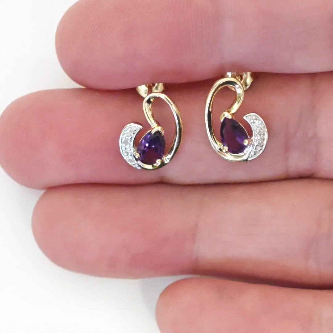 9ct Amethyst Diamond Earrings Gold Studs Natural Purple Gemstones 0.75ct