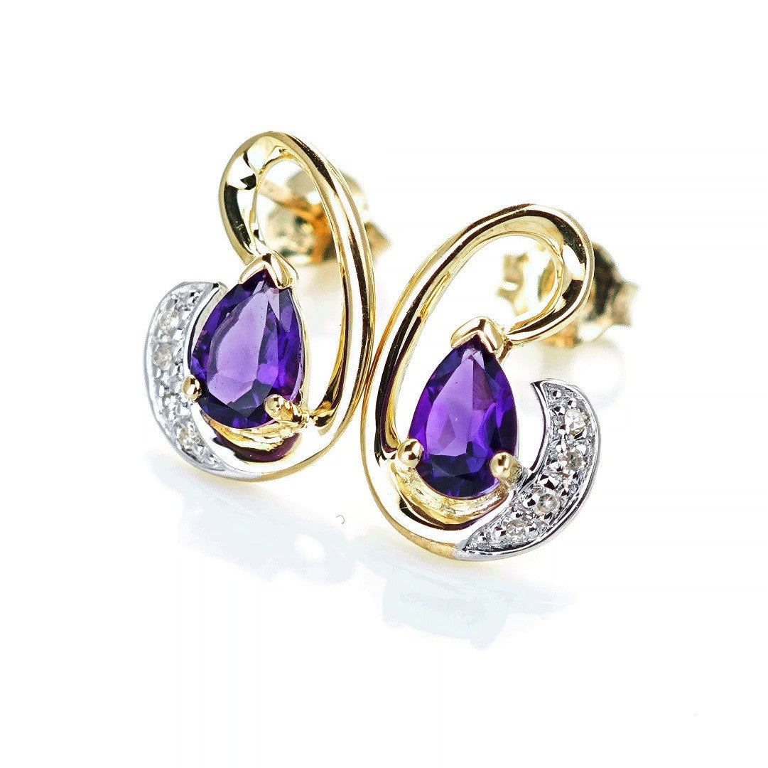 9ct Amethyst Diamond Earrings Gold Studs Natural Purple Gemstones 0.75ct