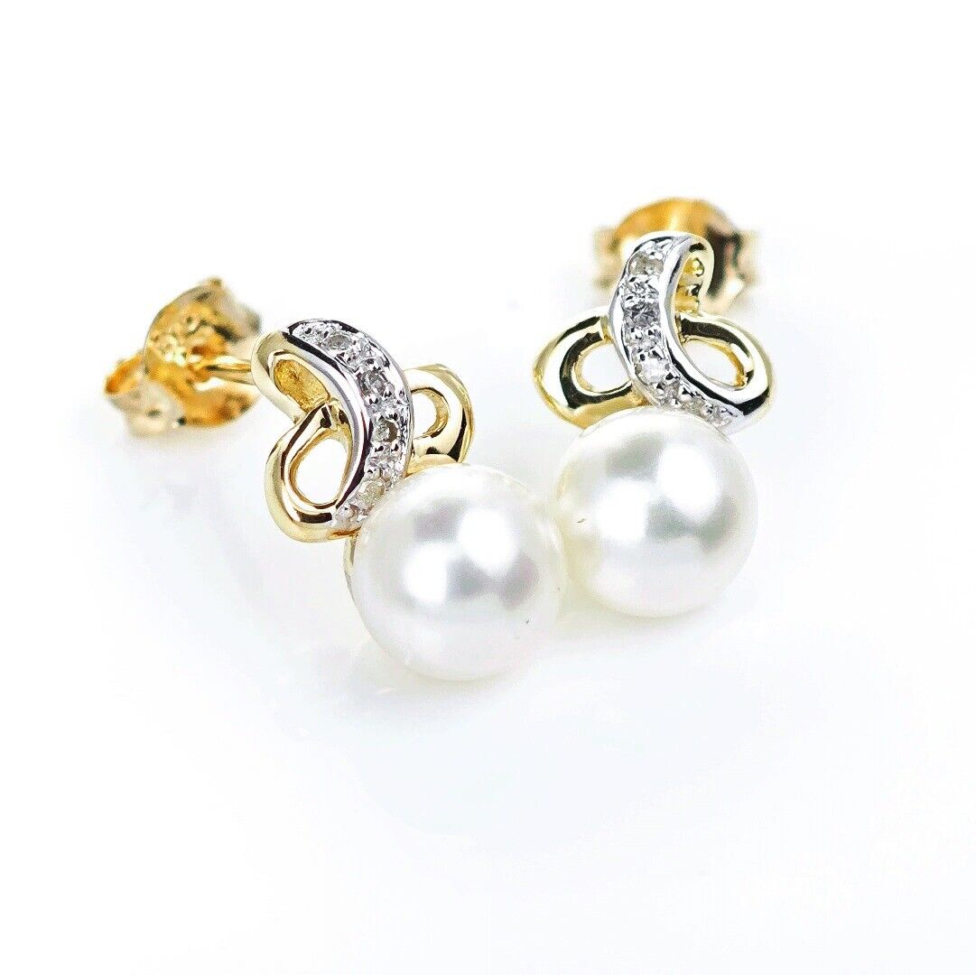9ct Fresh Water Pearl Diamond Earrings Gold Studs Natural 6mm Gemstones