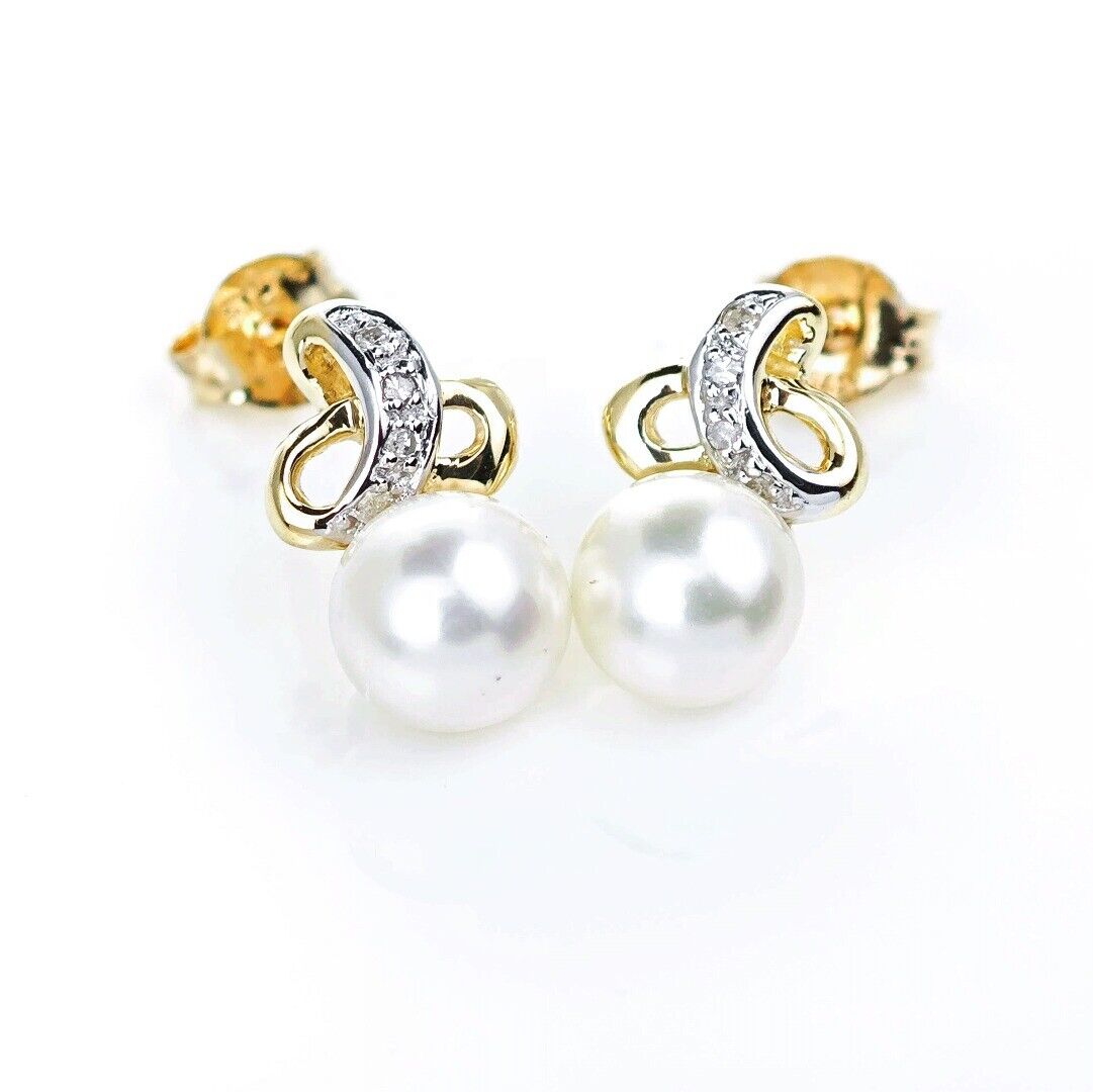 9ct Fresh Water Pearl Diamond Earrings Gold Studs Natural 6mm Gemstones