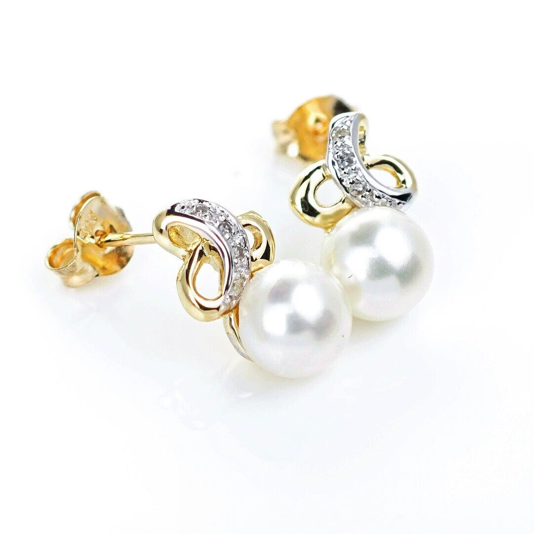 9ct Fresh Water Pearl Diamond Earrings Gold Studs Natural 6mm Gemstones