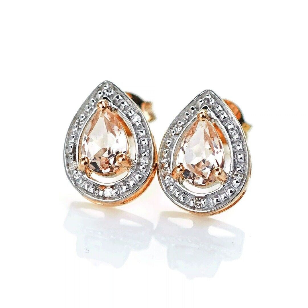 9ct Morganite Diamond Earrings Gold Studs Natural Gemstones 0.70ct
