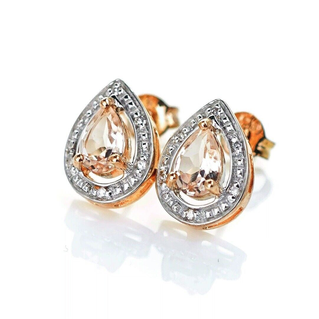 9ct Morganite Diamond Earrings Gold Studs Natural Gemstones 0.70ct