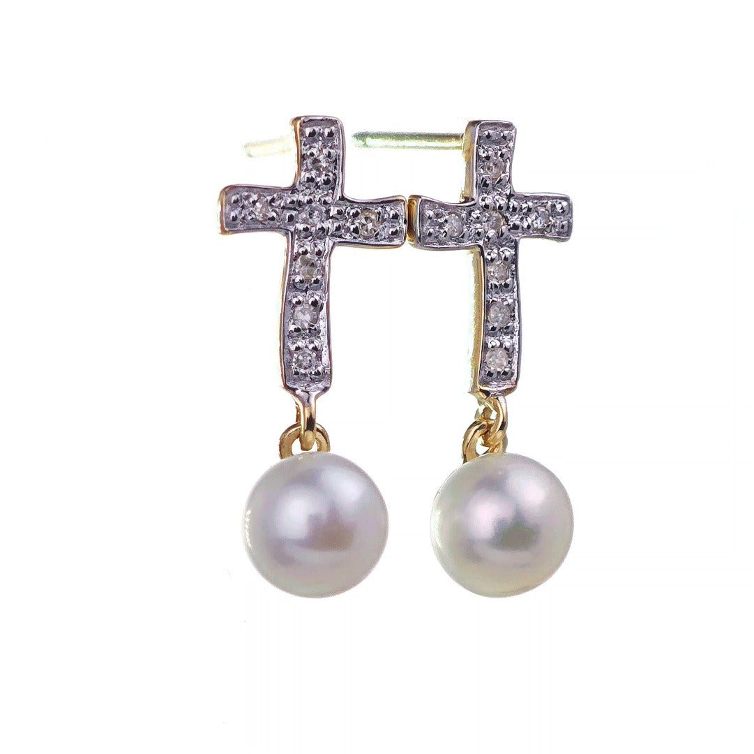 9ct Fresh Water Pearl Diamond Cross Earrings Gold Studs Natural Gemstones