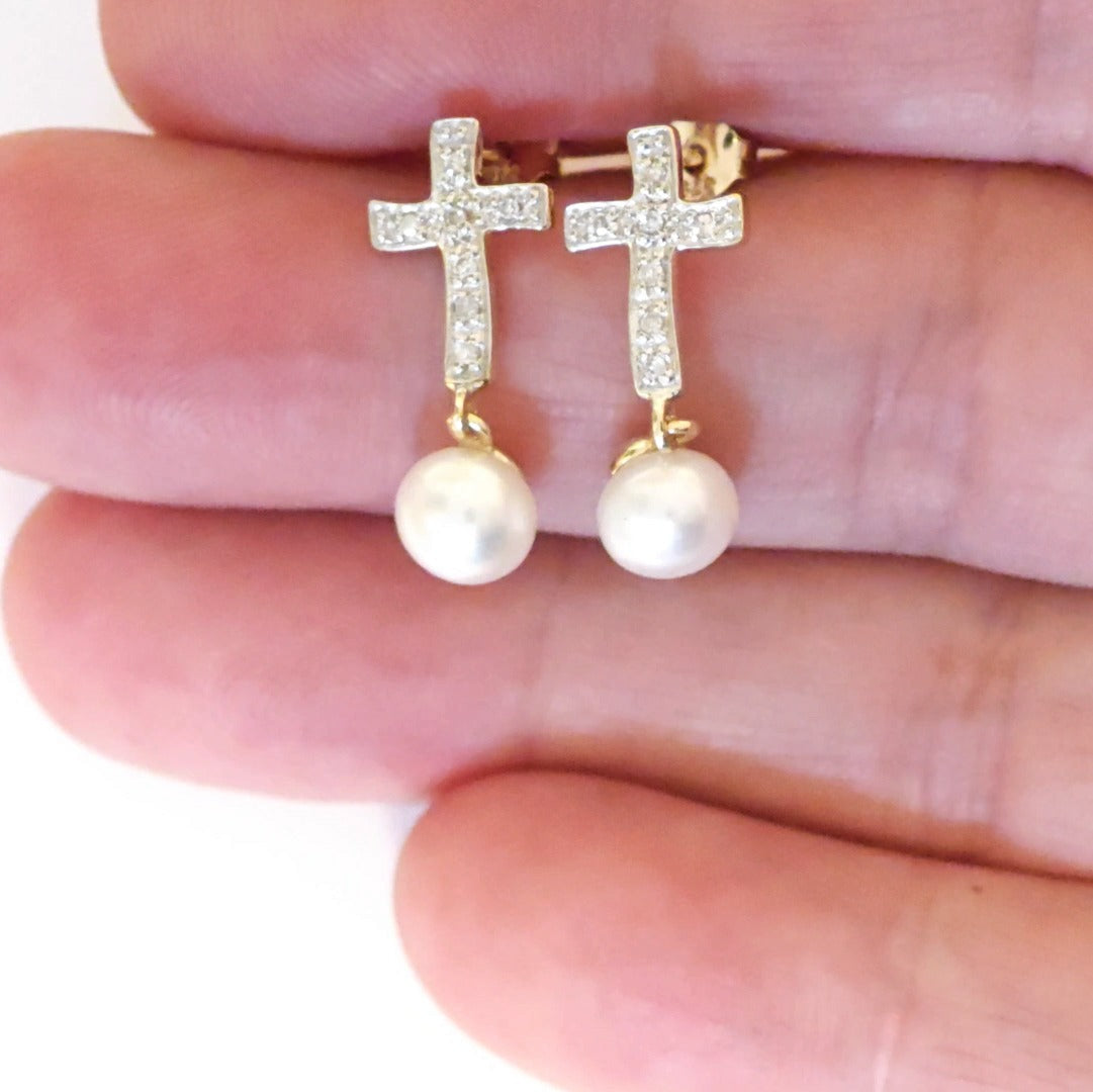 9ct Fresh Water Pearl Diamond Cross Earrings Gold Studs Natural Gemstones