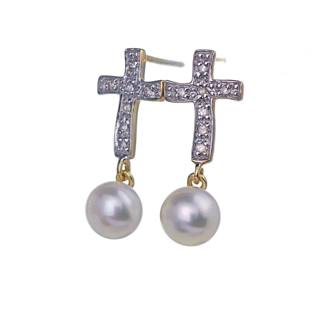 9ct Fresh Water Pearl Diamond Cross Earrings Gold Studs Natural Gemstones
