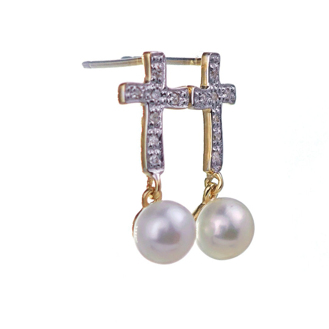9ct Fresh Water Pearl Diamond Cross Earrings Gold Studs Natural Gemstones