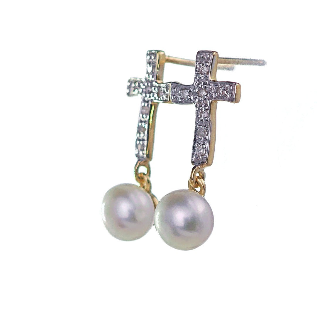 9ct Fresh Water Pearl Diamond Cross Earrings Gold Studs Natural Gemstones