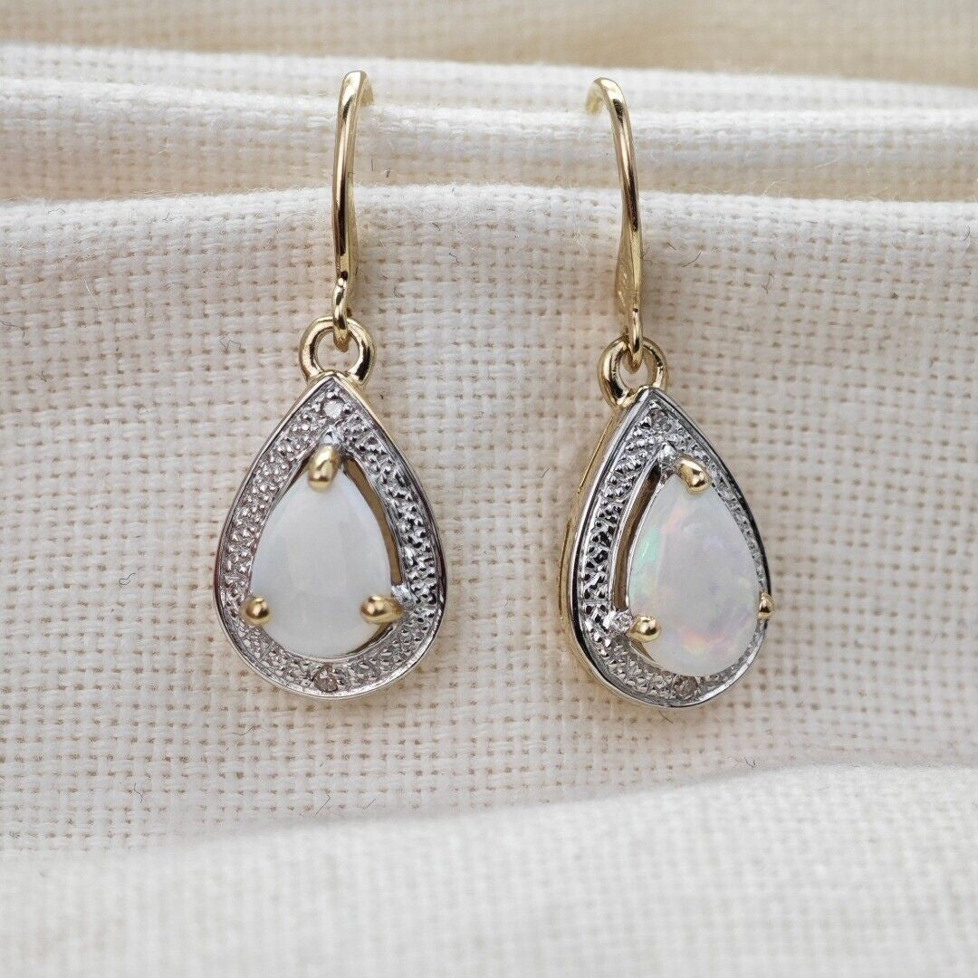 9ct Opal Dangle Earrings Gold Diamond Natural White Pear Gemstones 0.72ct
