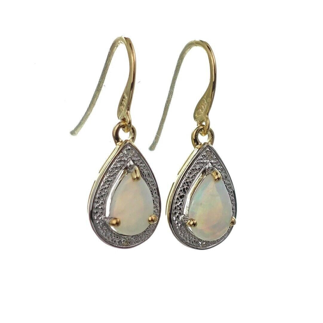 9ct Opal Dangle Earrings Gold Diamond Natural White Pear Gemstones 0.72ct