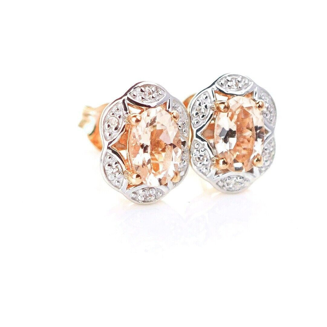 9ct Morganite Diamond Earrings Rose Gold Studs Natural Pink Gemstones 0.81ct