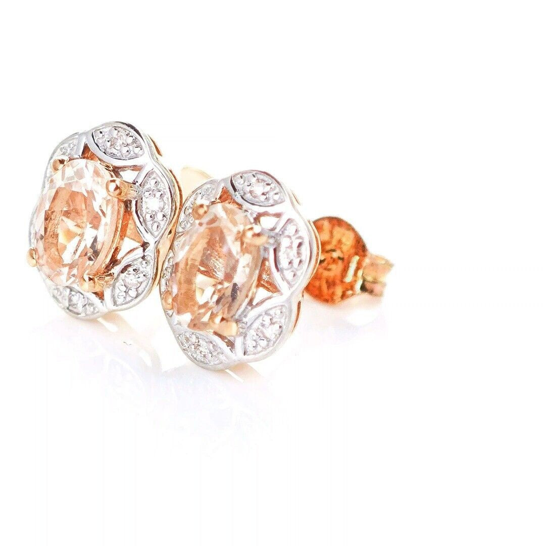 9ct Morganite Diamond Earrings Rose Gold Studs Natural Pink Gemstones 0.81ct