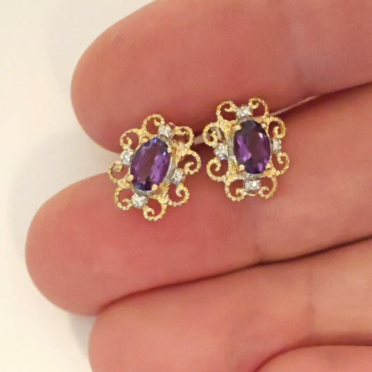 Amethyst Diamond Stud Earrings in 9ct Gold