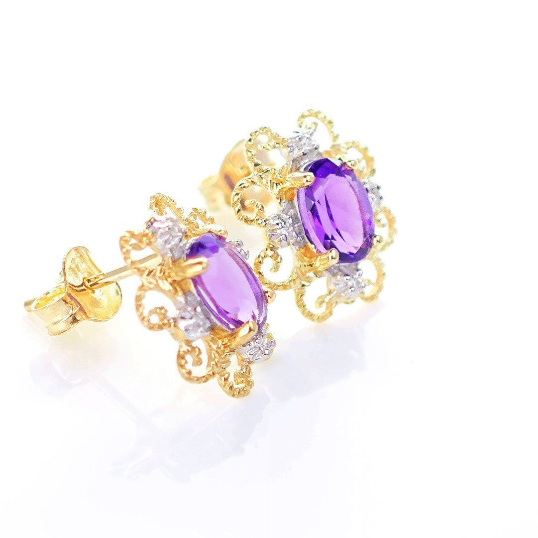 9ct Amethyst Diamond Earrings Gold Studs Natural Purple Gemstones 0.80ct