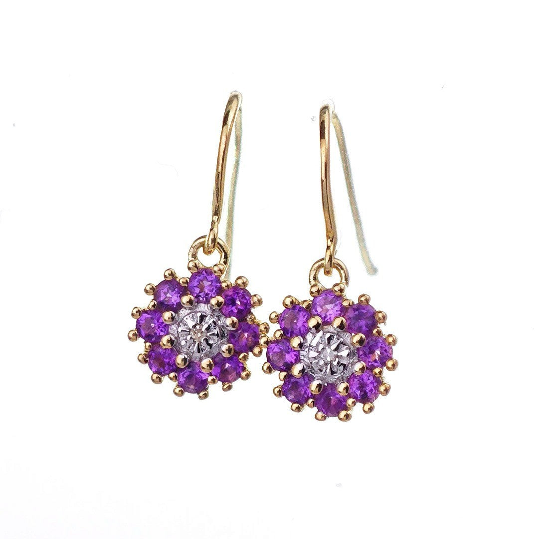9ct Amethyst Diamond Earrings Gold Dangle Natural Gemstones 0.52ct