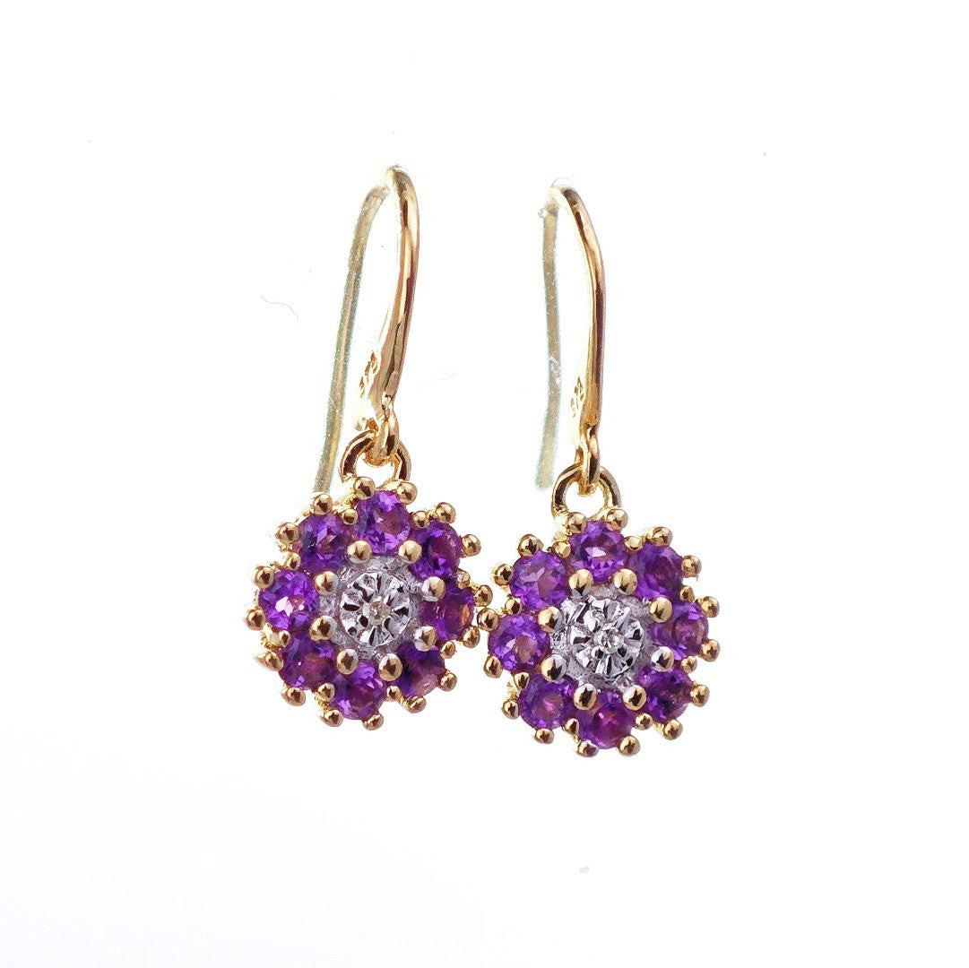 9ct Amethyst Diamond Earrings Gold Dangle Natural Gemstones 0.52ct