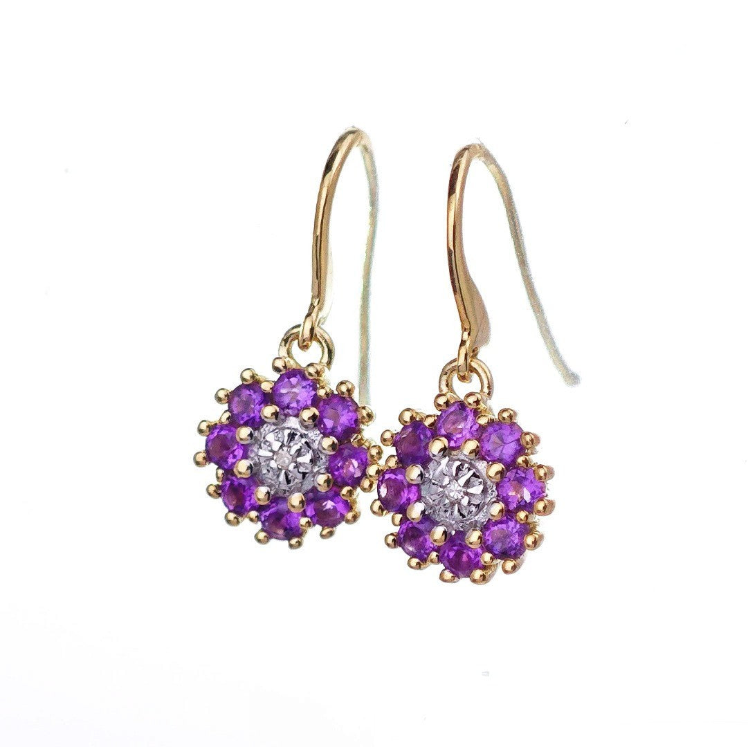 9ct Amethyst Diamond Earrings Gold Dangle Natural Gemstones 0.52ct