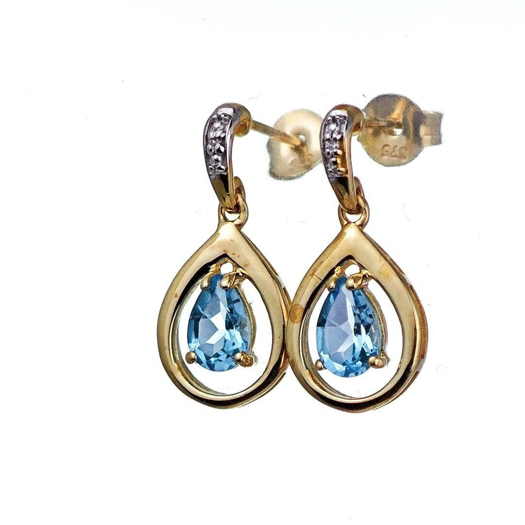 9ct Topaz Diamond Dangle Earrings Gold Natural Treated Swiss Blue Gemstones 0.93ct