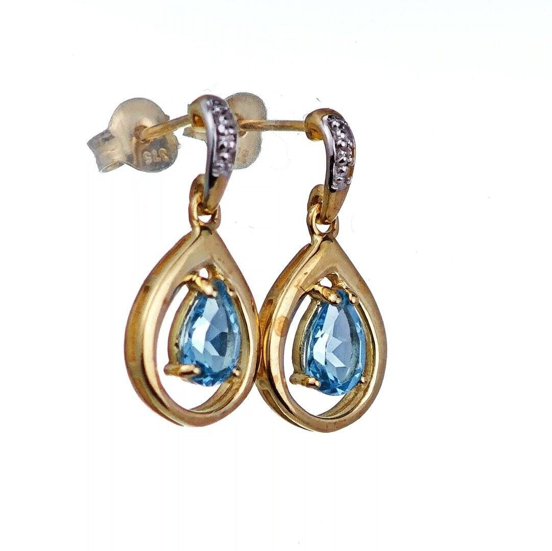 9ct Topaz Diamond Dangle Earrings Gold Natural Treated Swiss Blue Gemstones 0.93ct