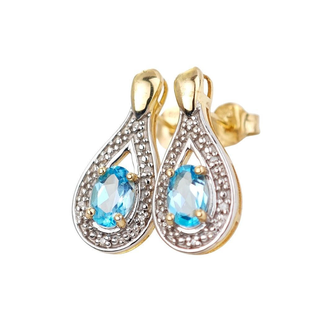 9ct Topaz Diamond Earrings Gold Studs Natural Swiss Blue Gemstones 0.94ct