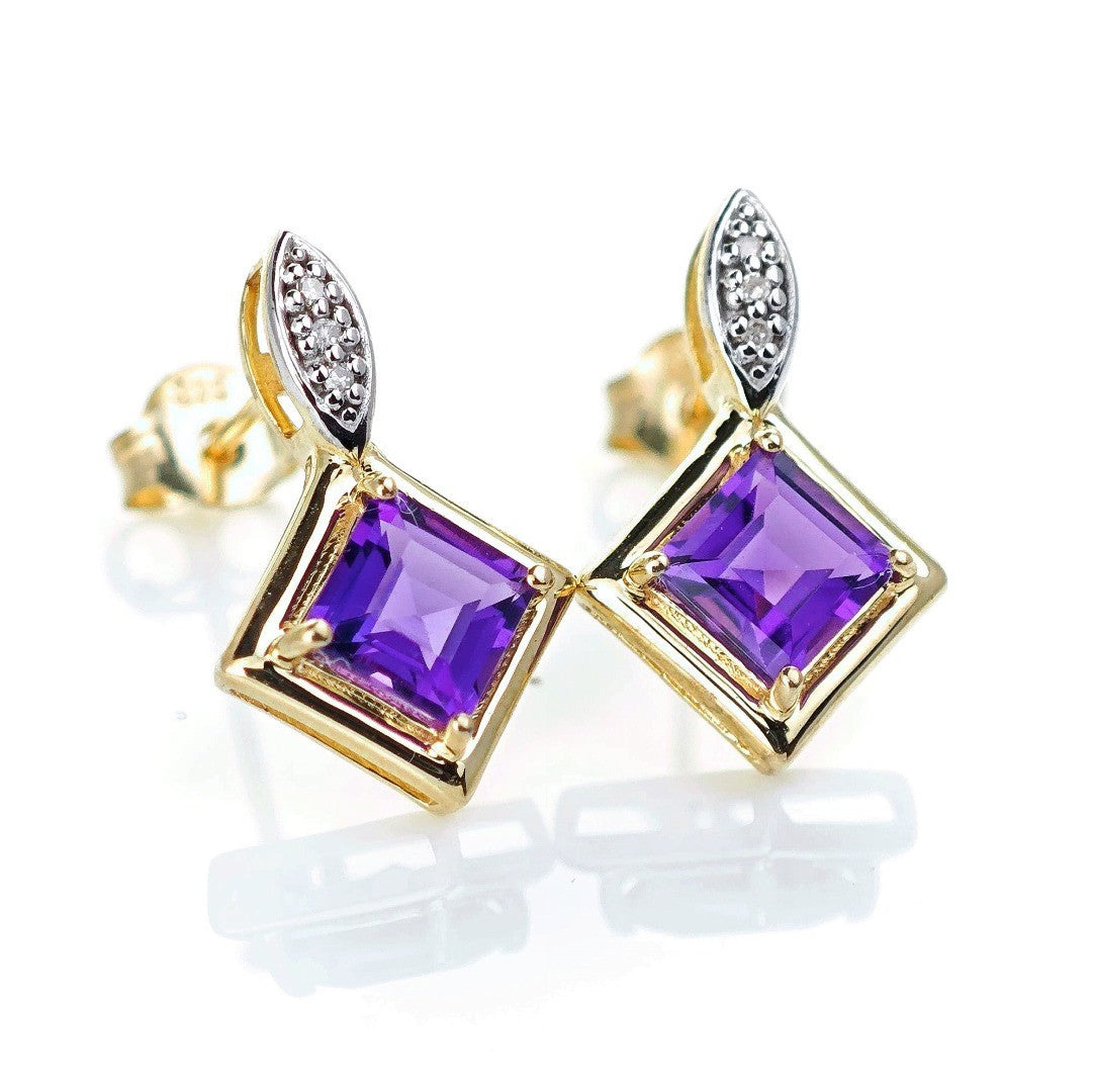 9ct Amethyst Diamond Earrings Gold Studs Natural Gemstones 1.21ct