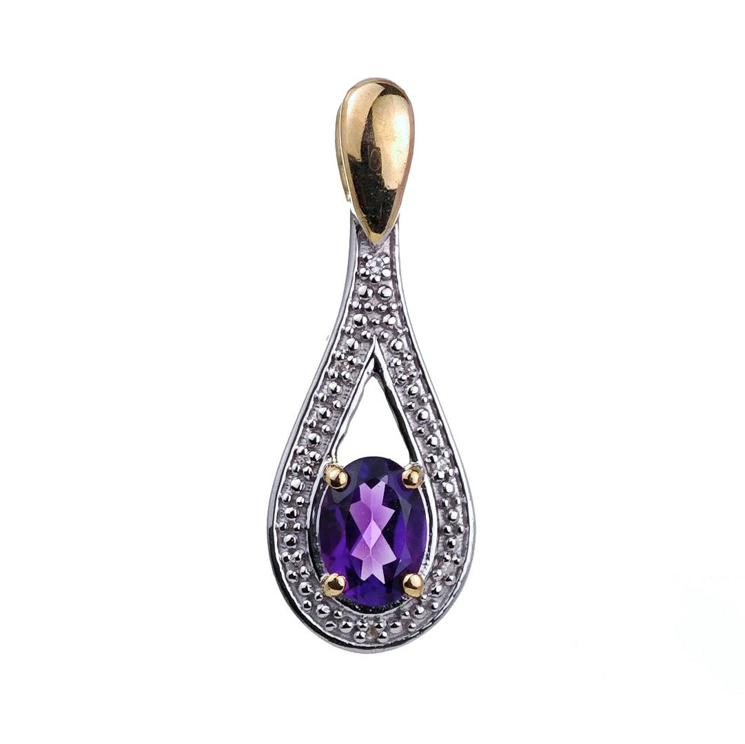9ct Amethyst Necklace Diamond Yellow Gold 0.77ct Purple Oval Natural Gemstone