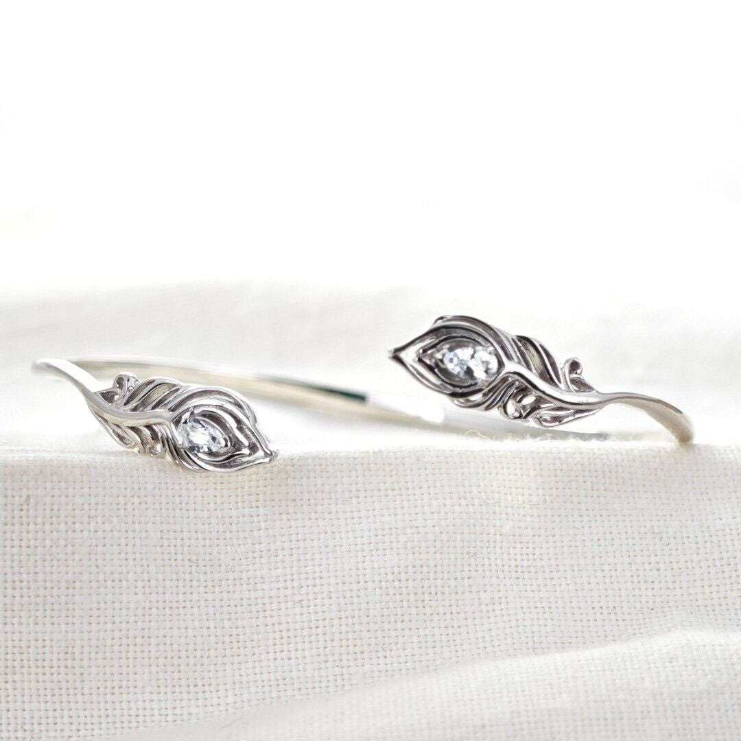 Aquamarine Peacock Feather Bangle in Sterling Silver