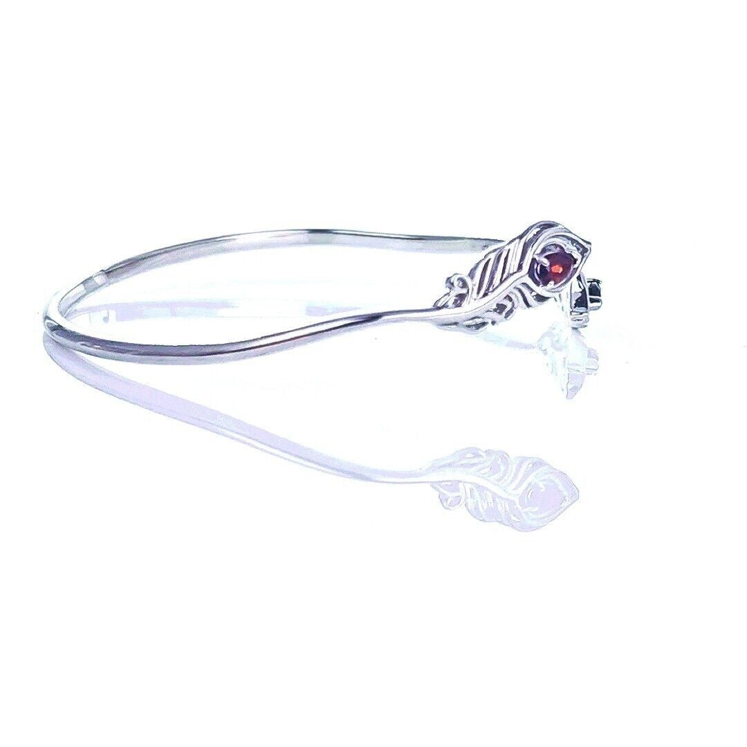 Garnet Bangle Sterling Silver Peacock Feather Red Natural Gemstones Hallmarked