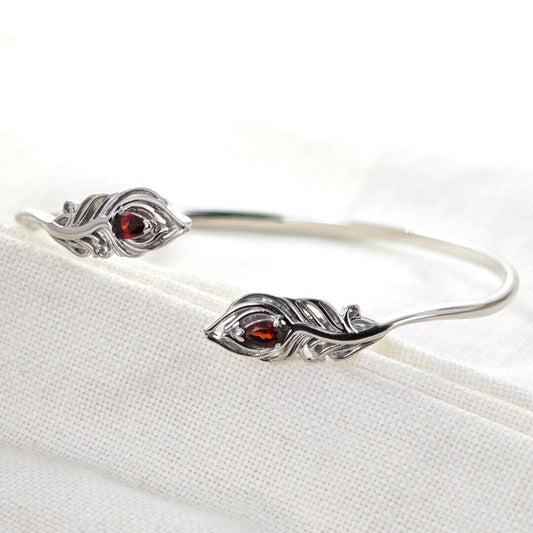 Garnet Bangle Sterling Silver Peacock Feather Red Natural Gemstones Hallmarked