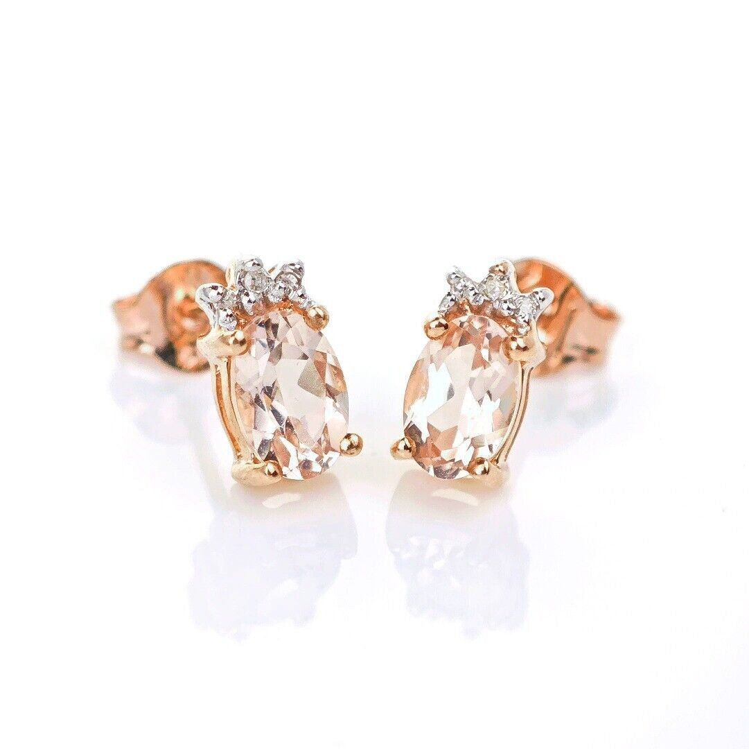 9ct Morganite Diamond Earrings Studs Rose Gold Pink 0.82 ct Natural Gemstone