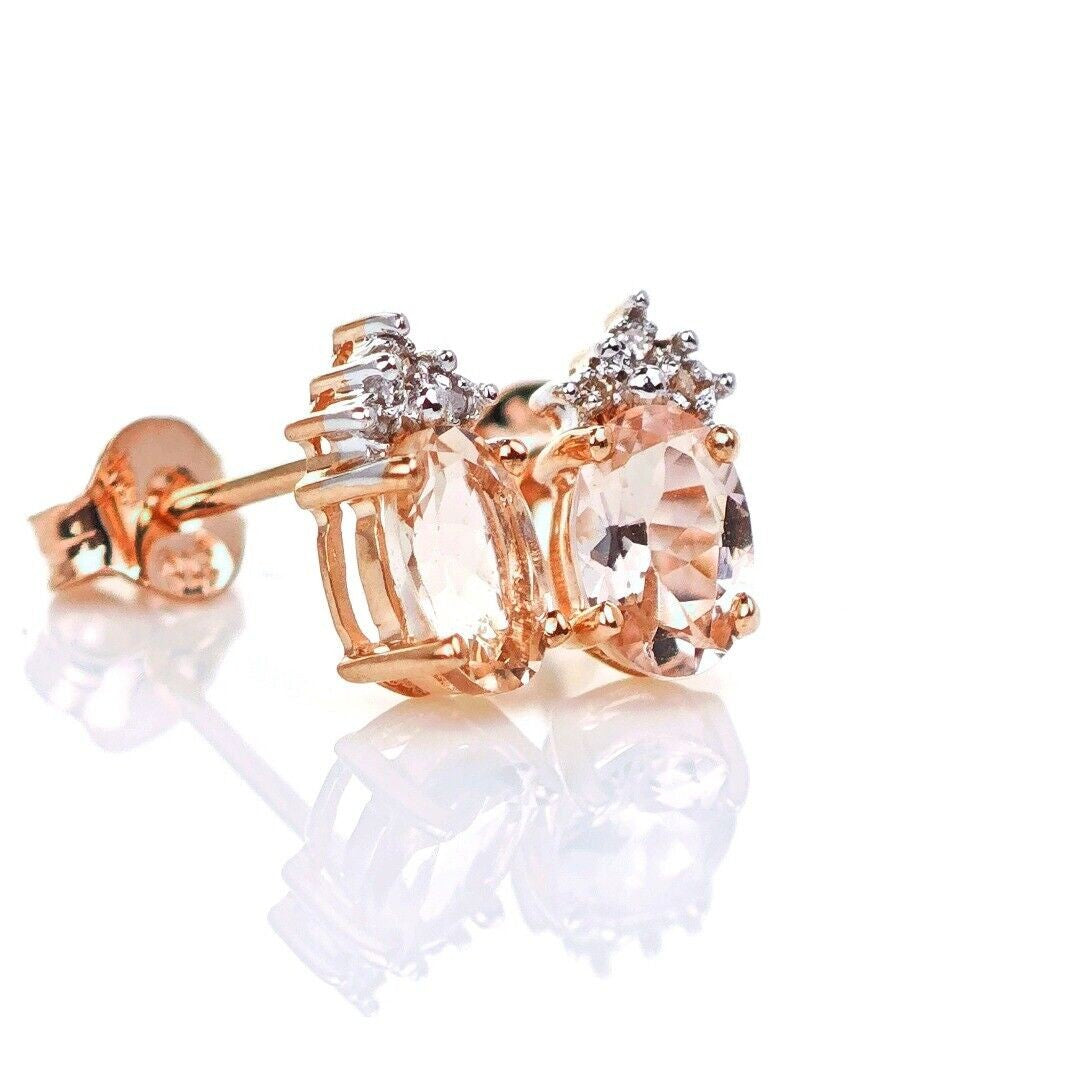9ct Morganite Diamond Earrings Studs Rose Gold Pink 0.82 ct Natural Gemstone
