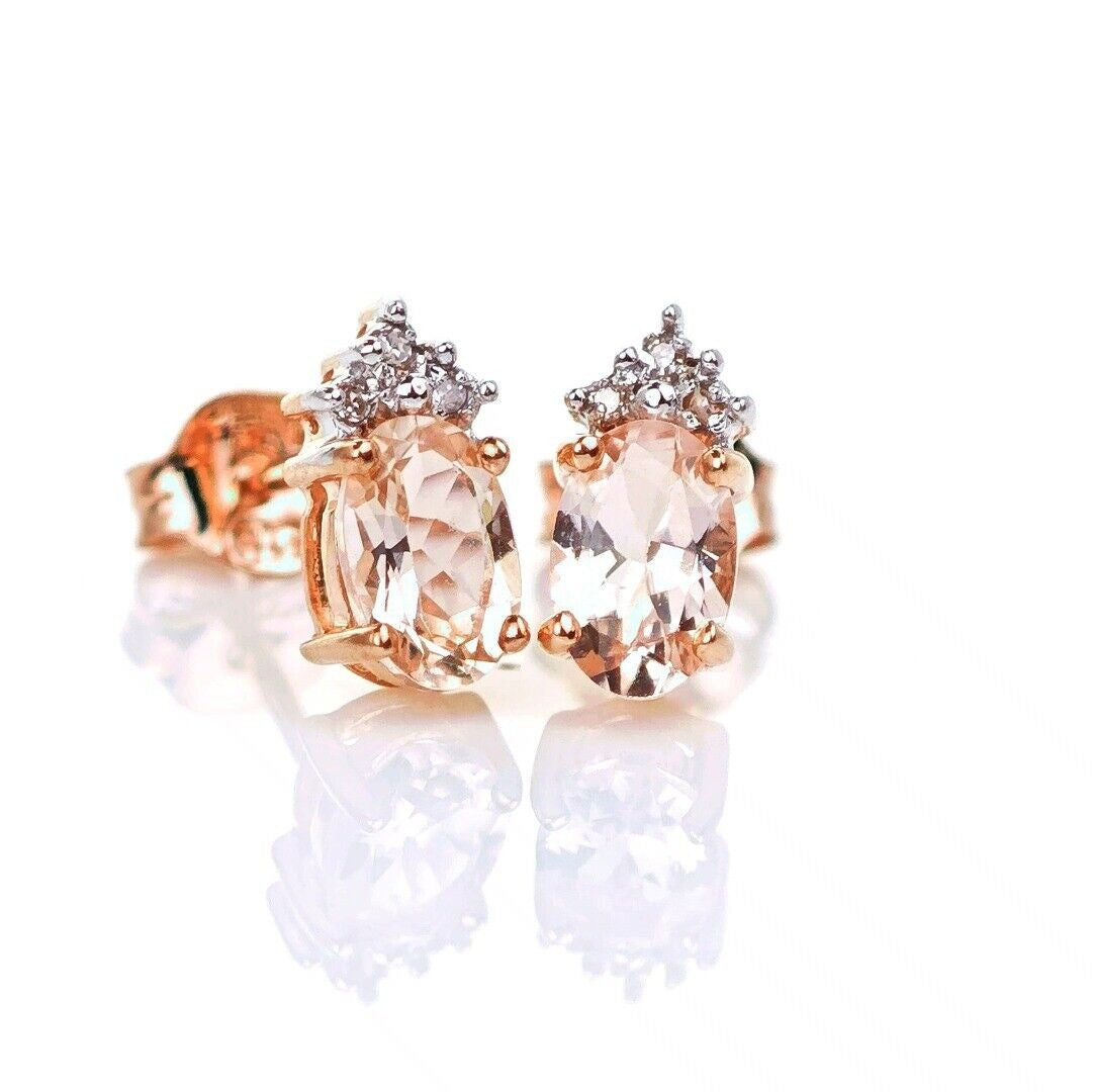 9ct Morganite Diamond Earrings Studs Rose Gold Pink 0.82 ct Natural Gemstone