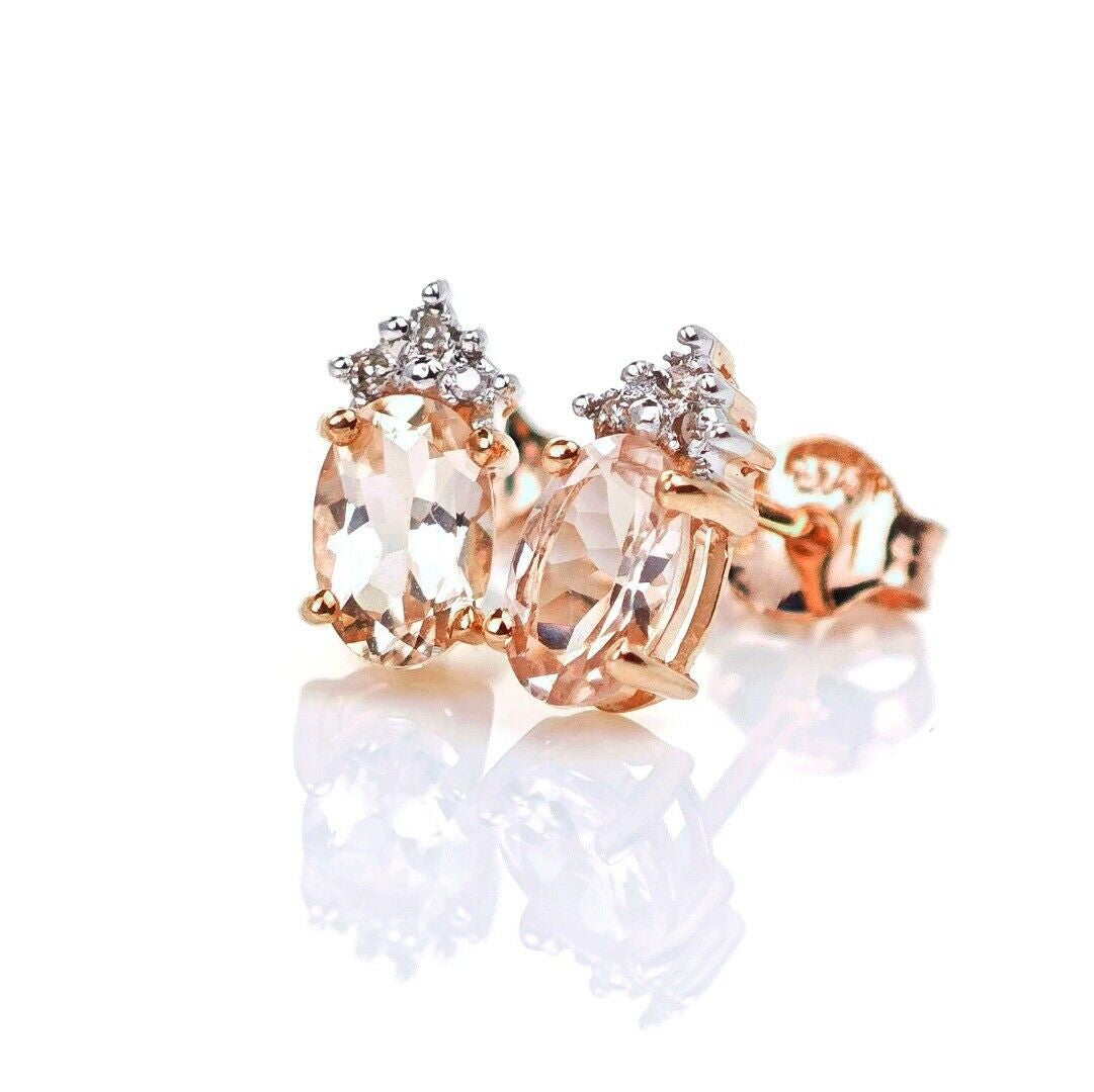 9ct Morganite Diamond Earrings Studs Rose Gold Pink 0.82 ct Natural Gemstone