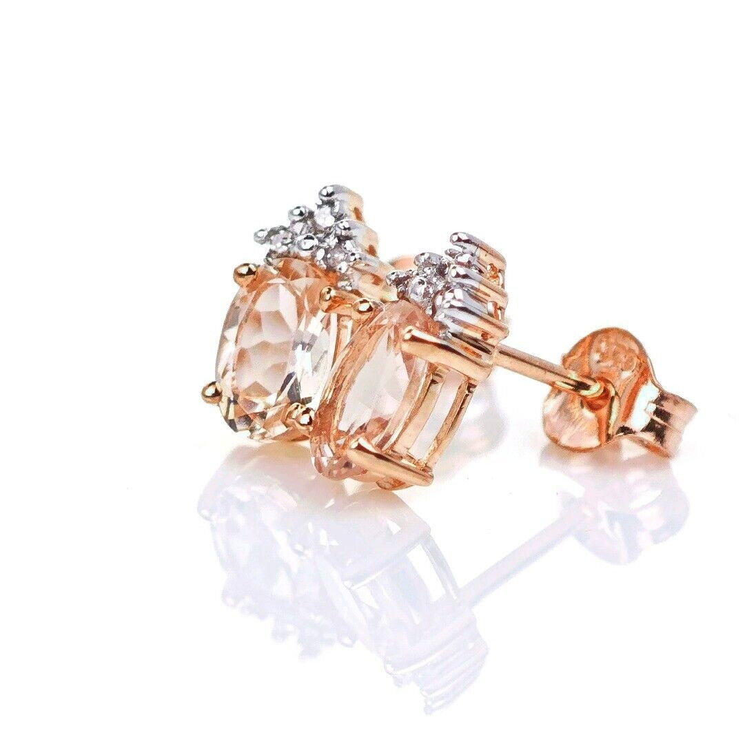 9ct Morganite Diamond Earrings Studs Rose Gold Pink 0.82 ct Natural Gemstone