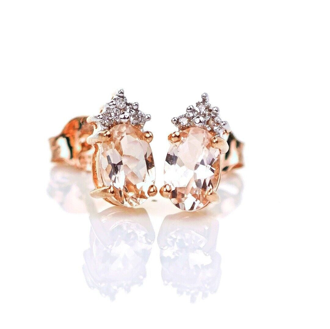 9ct Morganite Diamond Earrings Studs Rose Gold Pink 0.82 ct Natural Gemstone
