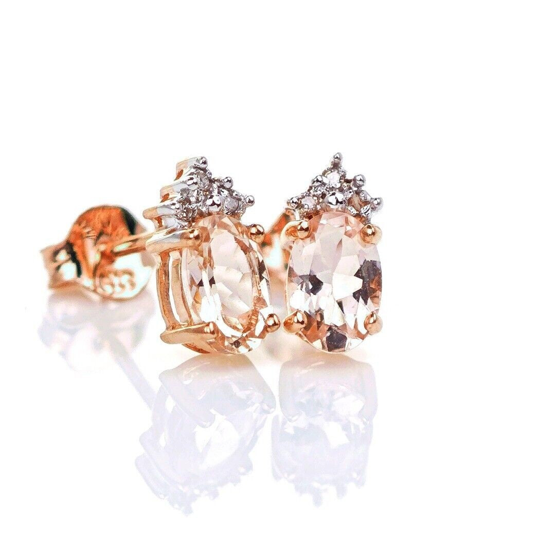 9ct Morganite Diamond Earrings Studs Rose Gold Pink 0.82 ct Natural Gemstone