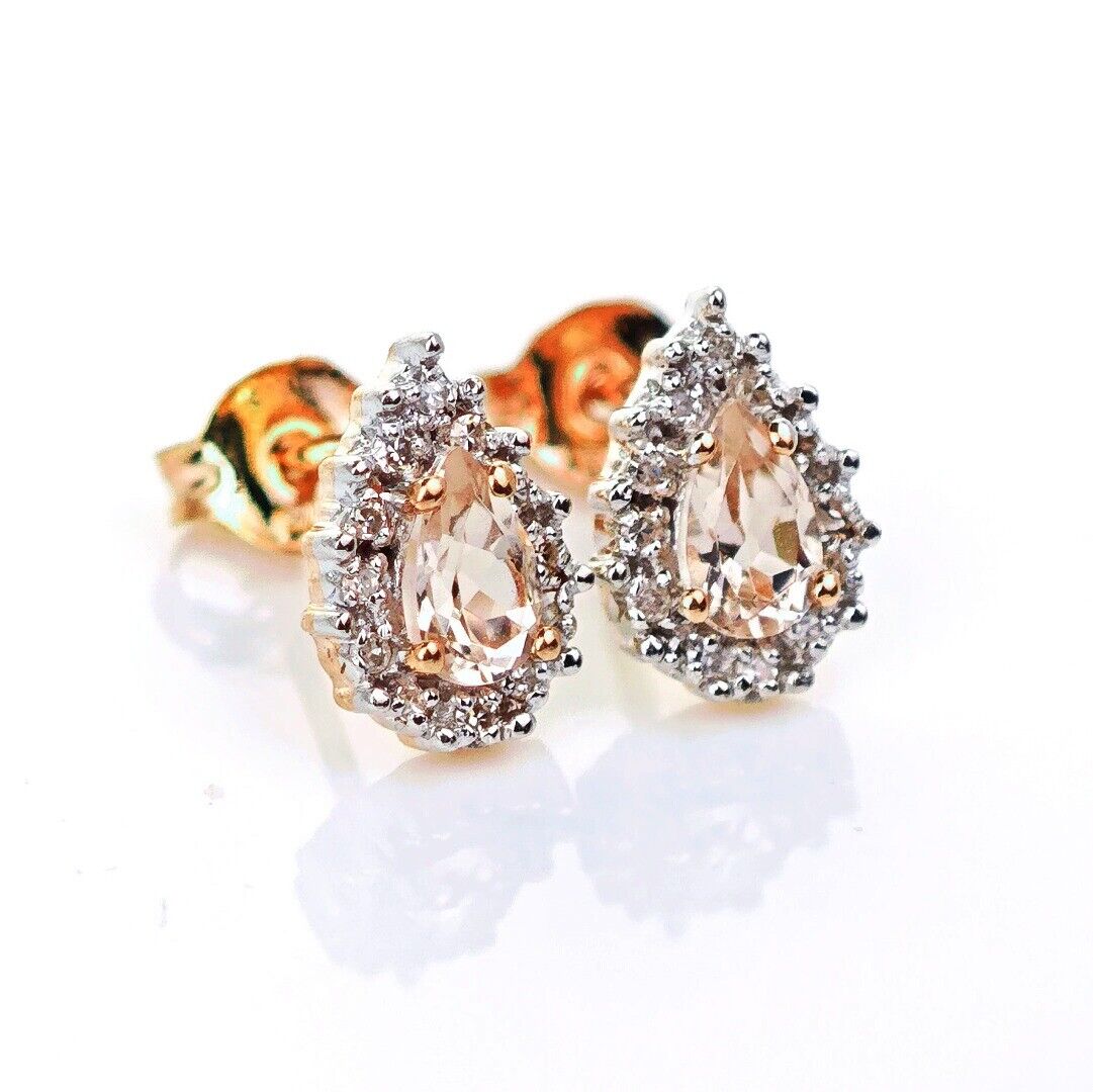 9ct Morganite Diamond Earrings Studs Rose Gold 0.38 ct Natural Pink Gemstone