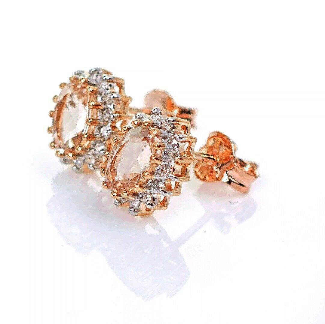 9ct Morganite Diamond Earrings Studs Rose Gold Pink 0.82 ct Natural Gemstone