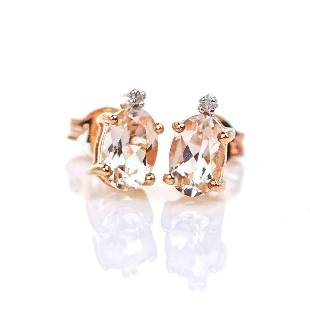 9ct Morganite Diamond Earrings Studs Rose Gold Pink 0.82 ct Natural Gemstone