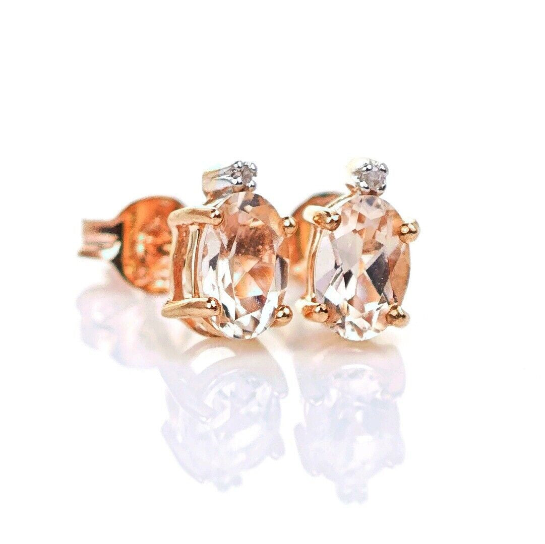 9ct Morganite Diamond Earrings Studs Rose Gold Pink 0.82 ct Natural Gemstone