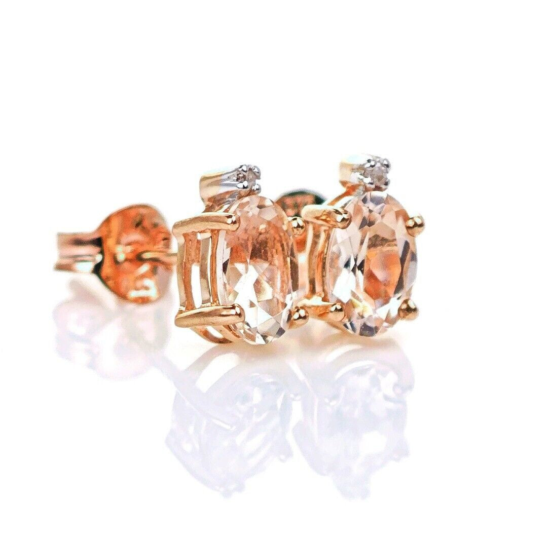 9ct Morganite Diamond Earrings Studs Rose Gold Pink 0.82 ct Natural Gemstone