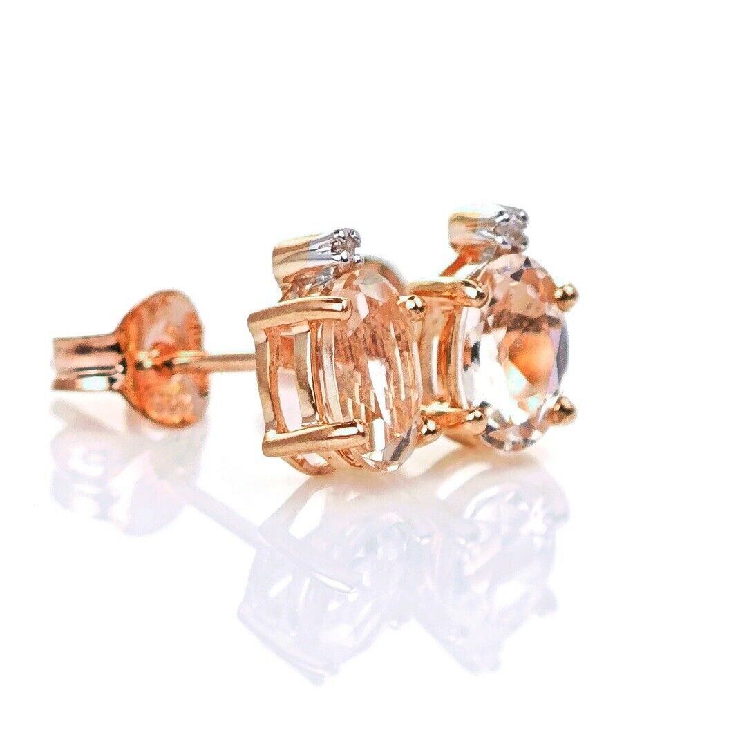 9ct Morganite Diamond Earrings Studs Rose Gold Pink 0.82 ct Natural Gemstone