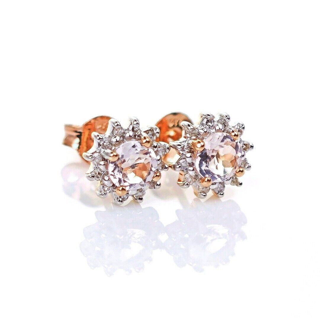 9ct Morganite Diamond Earrings Studs Rose Gold Pink 0.46 ct Natural Gemstone