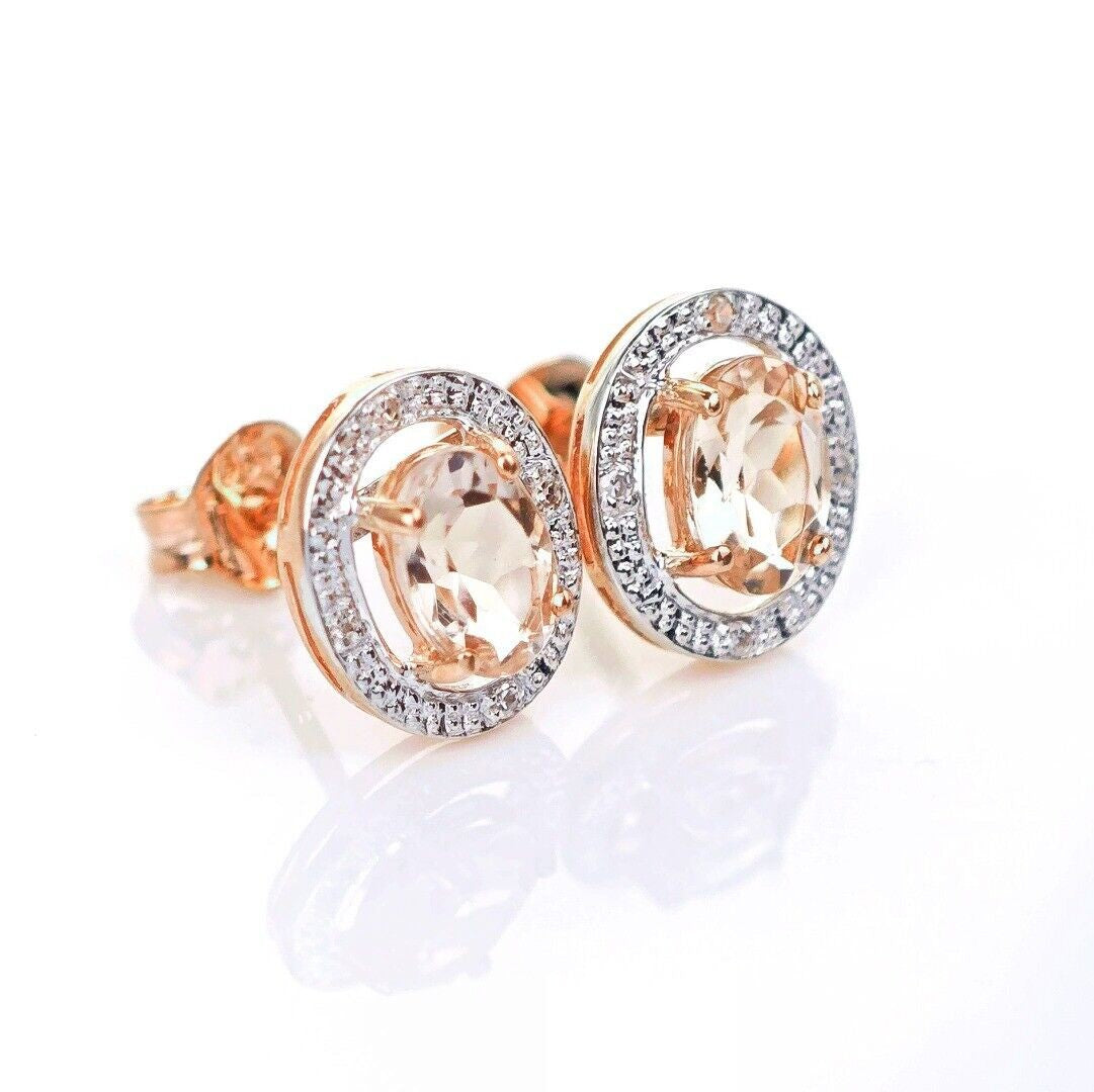 9ct Morganite Diamond Earrings Studs Rose Gold Pink 0.8 ct Natural Gemstone
