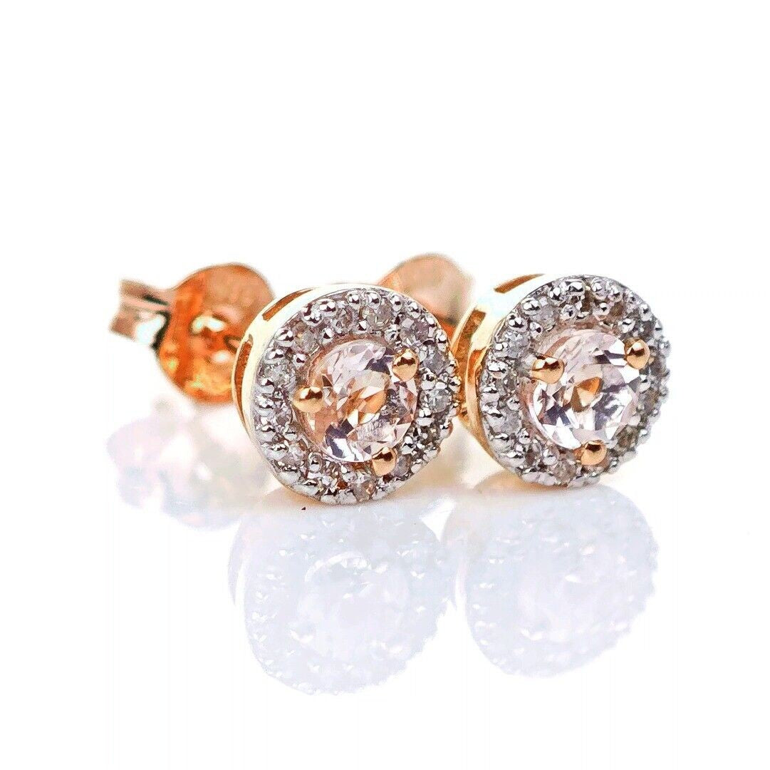 9ct Morganite Diamond Earrings Studs Rose Gold Pink 0.29 ct Natural Gemstone