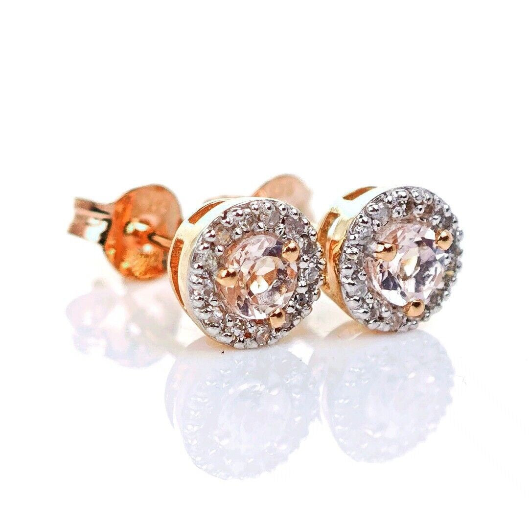 9ct Morganite Diamond Earrings Studs Rose Gold Pink 0.29 ct Natural Gemstone