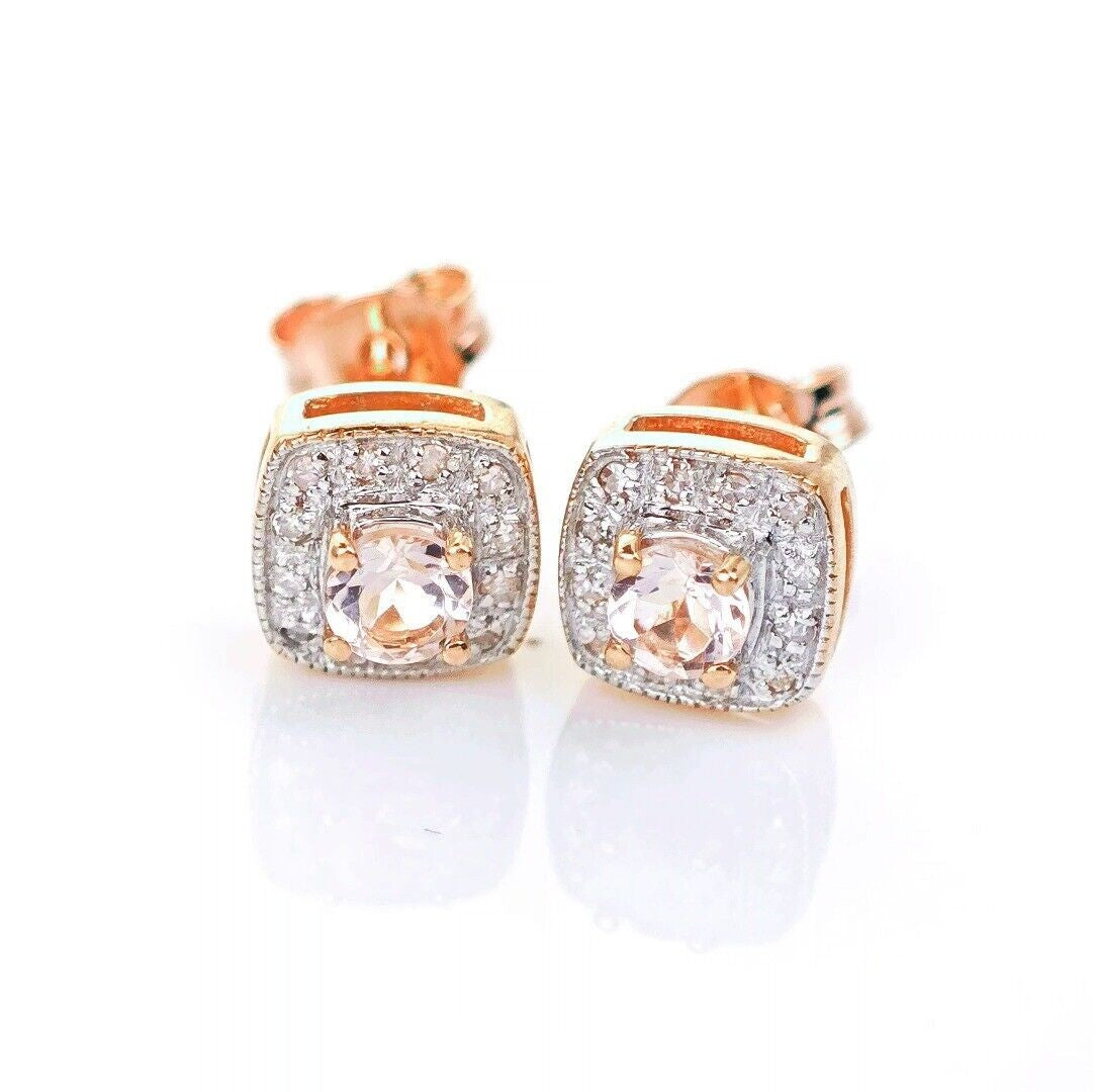 9ct Morganite Diamond Earrings Studs Rose Gold Pink 0.29 ct Natural Gemstone