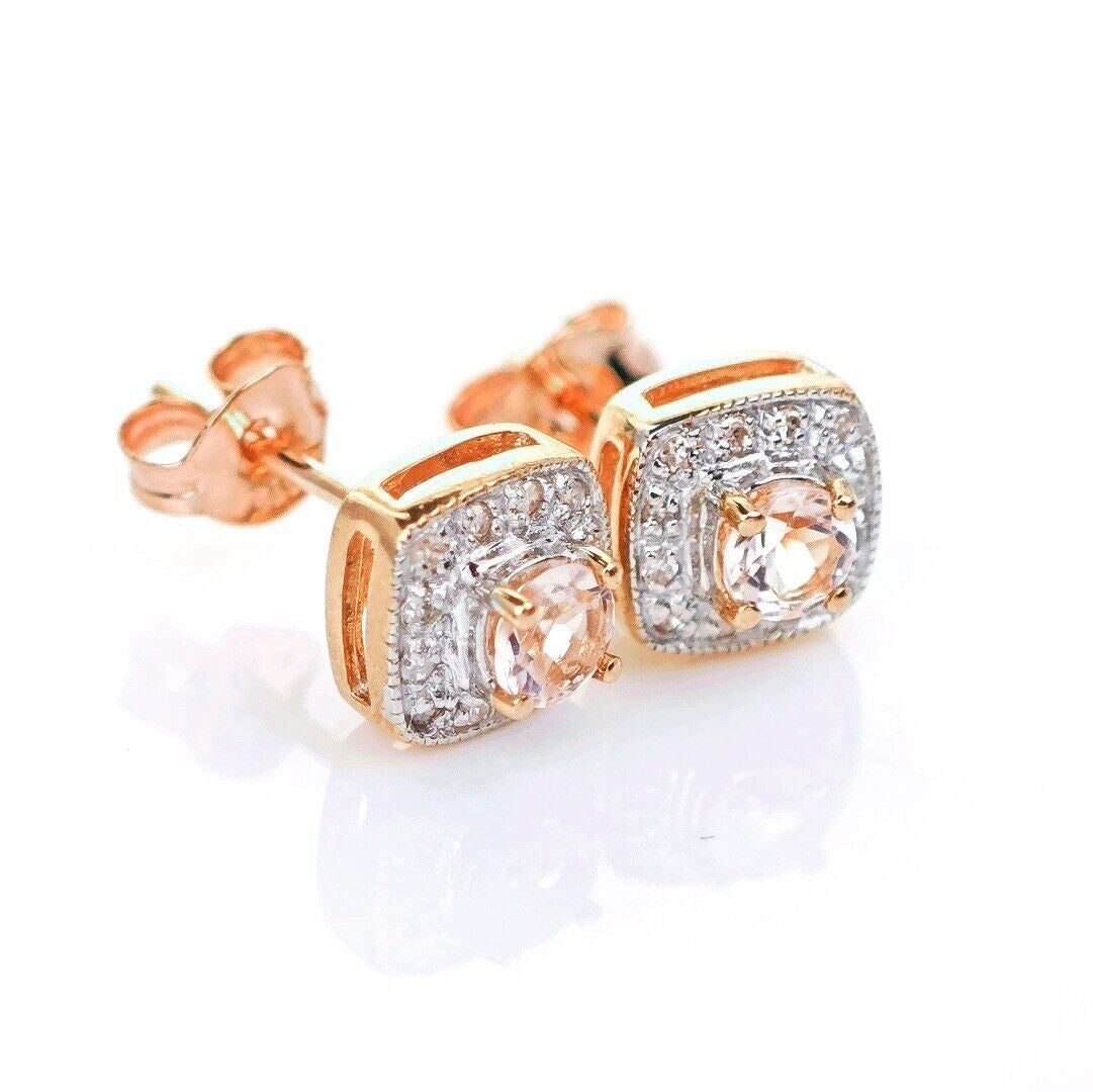 9ct Morganite Diamond Earrings Studs Rose Gold Pink 0.29 ct Natural Gemstone